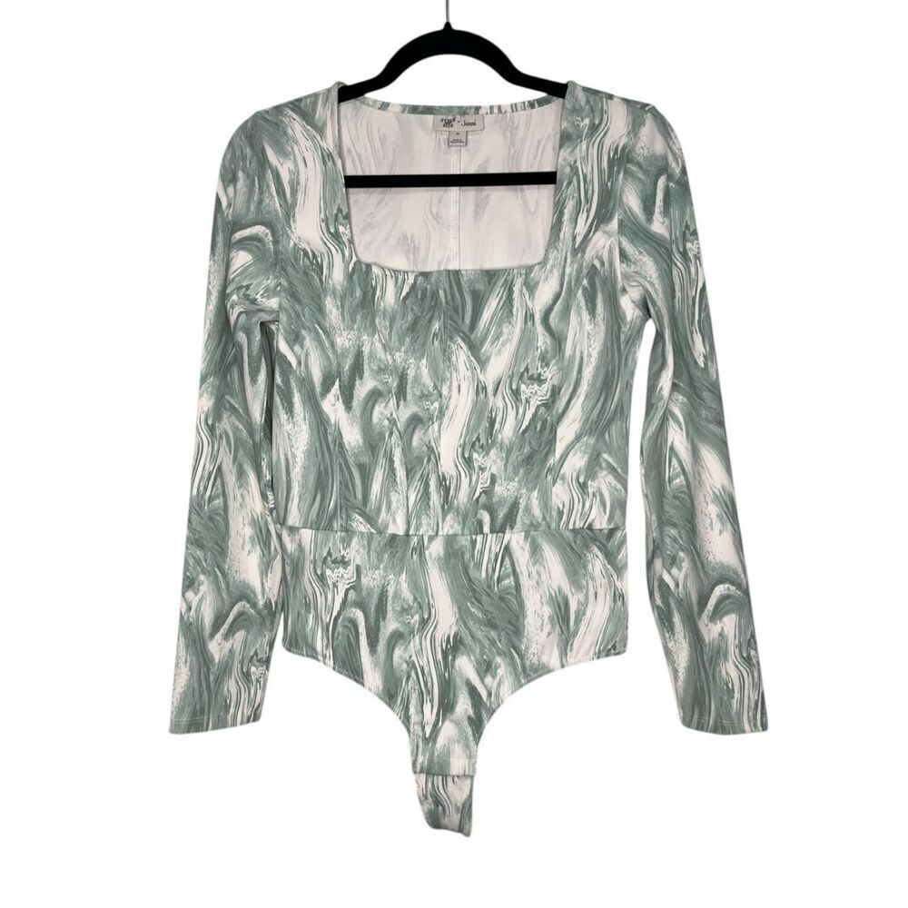 Jenni Style Not Size Women’s Medium Bodysuit Green Marble Long Sleeve Stretch